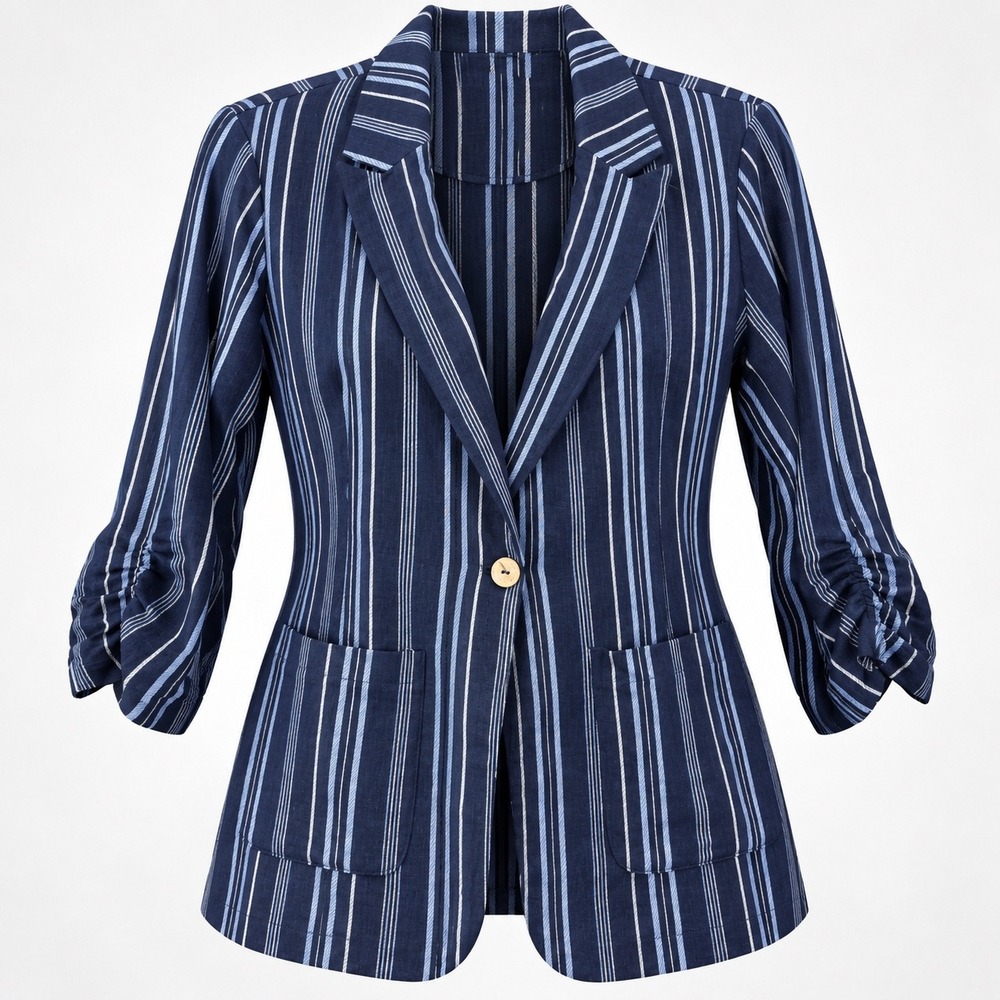 Ellen Tracy Blazer Women XL Navy Blue Striped Linen Blend Ruched Sleeve Nautical